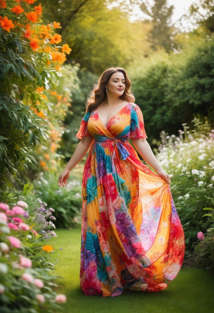 A confident curvy woman in a flowing, colorful dress, standing in a lush garden symbolizing empowerment and self-love. She is embracing her body with a joyful expression, surrounded by flowers representing diversity and wellness. Soft light filters through the leaves, creating a serene atmosphere that exudes warmth and positivity. The scene conveys a sense of liberation and celebration of curves. vibrant colors. soft focus. natural setting.