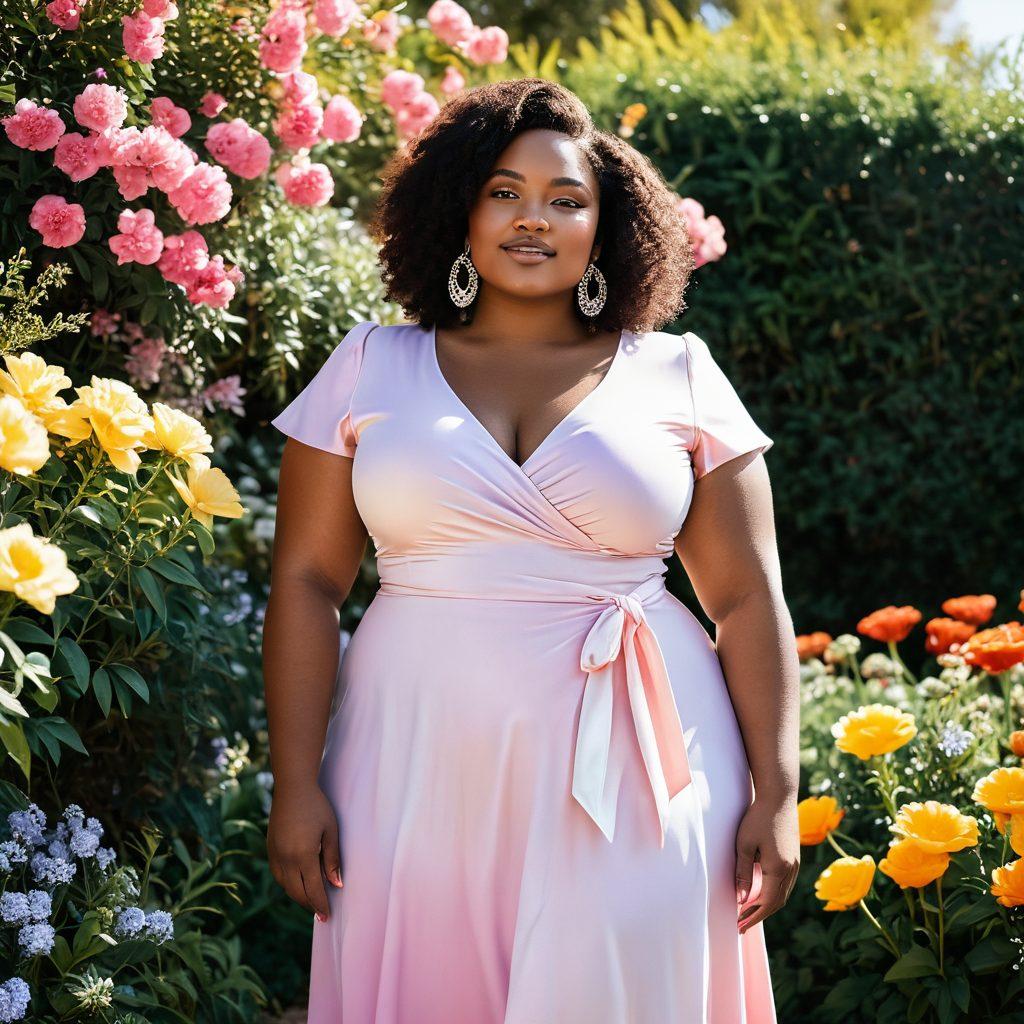 A confident, curvy woman standing tall in a vibrant natural setting, surrounded by blooming flowers and soft sunlight, showcasing her embracing attitude towards body positivity. Her expression is empowering, radiating self-love and acceptance, wearing a stylish outfit that highlights her curves. Include diverse figures in the background to symbolize inclusivity and empowerment. The scene evokes warmth and joy, with soft pastel tones enhancing the uplifting mood. vibrant colors. super-realistic.